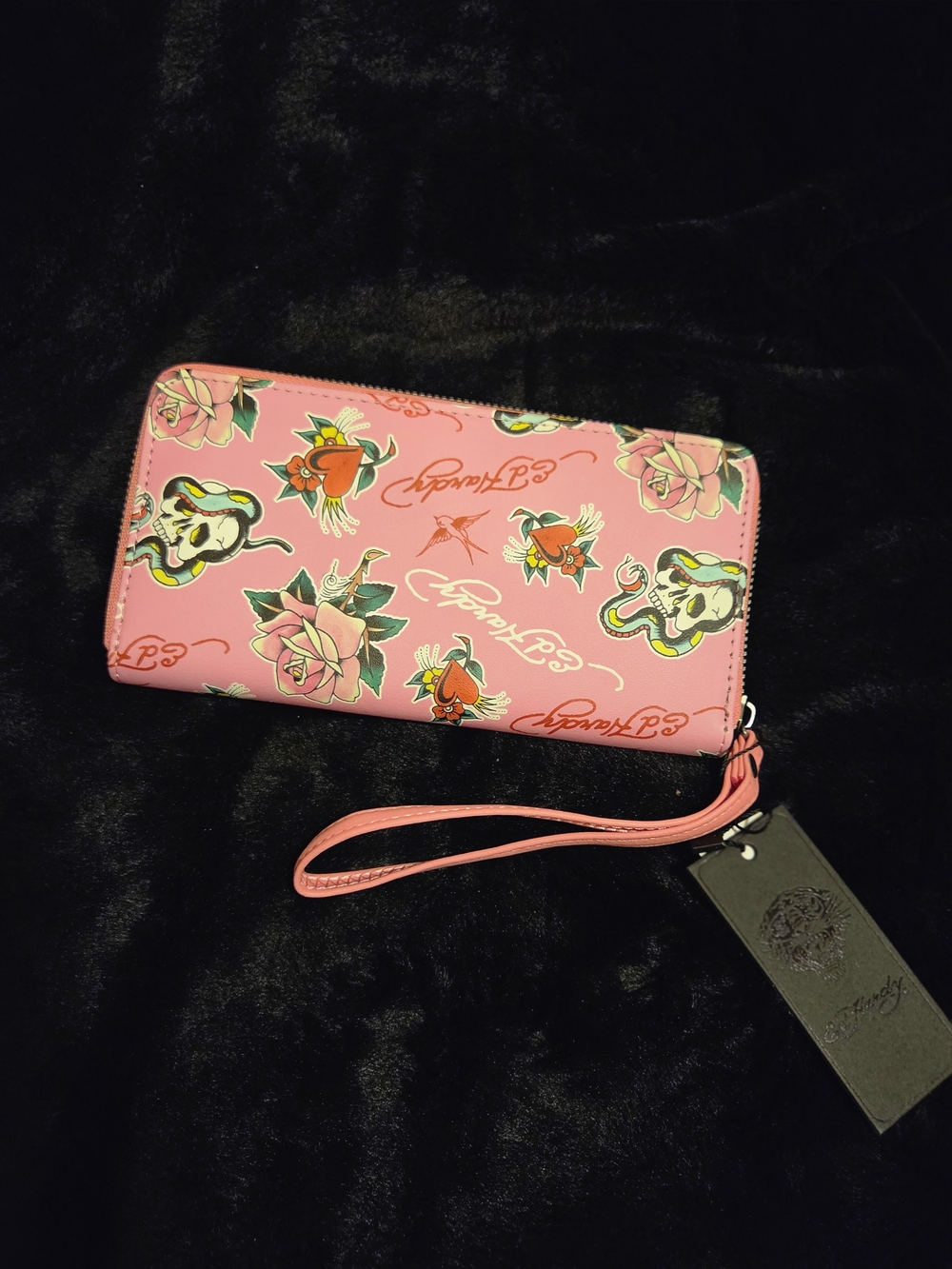 Ed Hardy Pink Tattoo Print Zip Wristlet with Wrist Strap